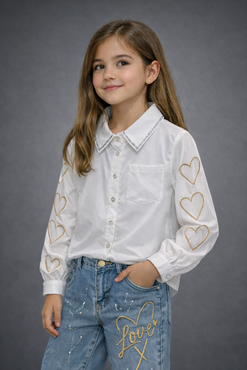 Conjunto corazón jeans pedrería