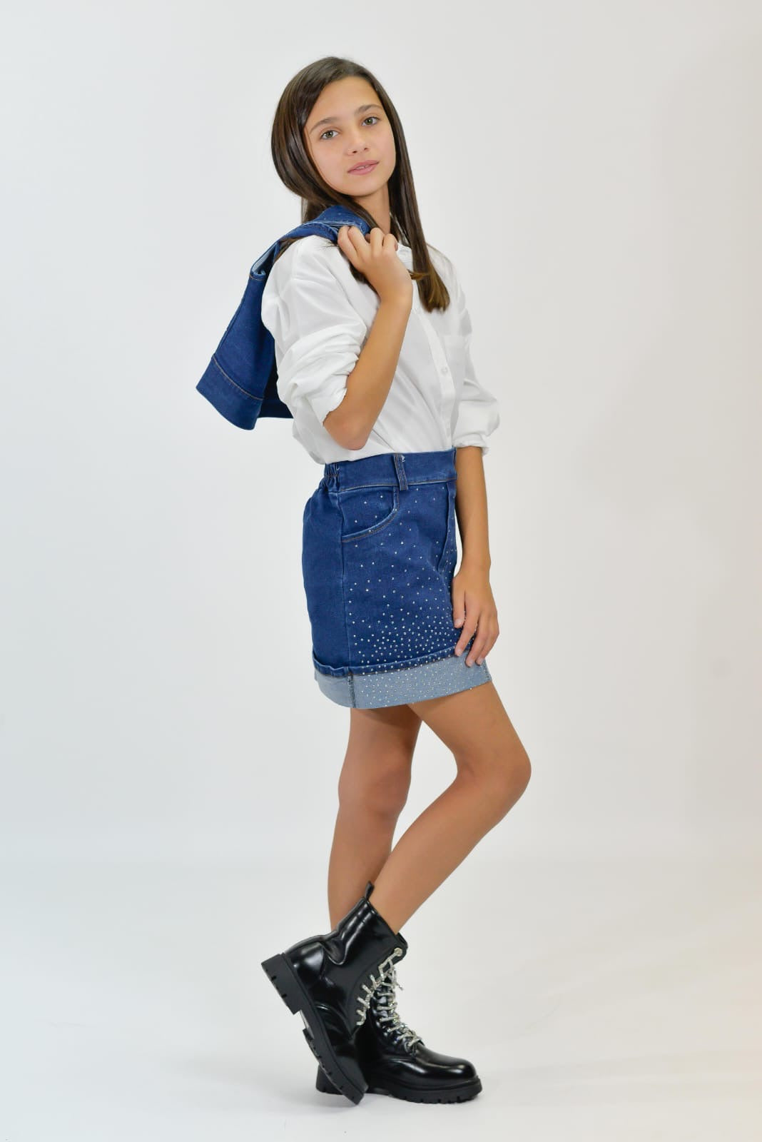 Conjunto chaleco jeans pedrería