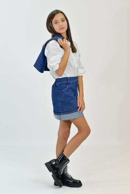 Conjunto chaleco jeans pedrería