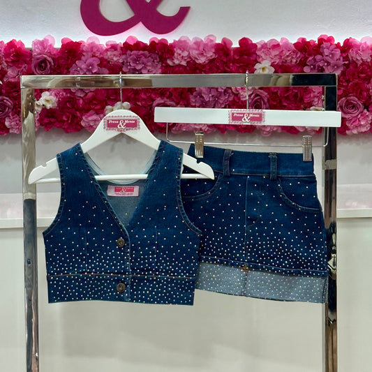 Conjunto chaleco jeans pedrería