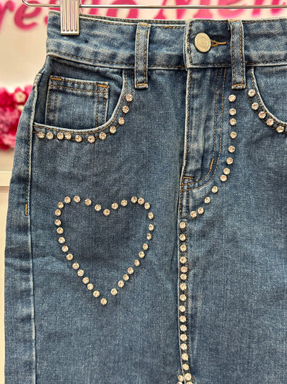 Falda jeans corazón pedrería